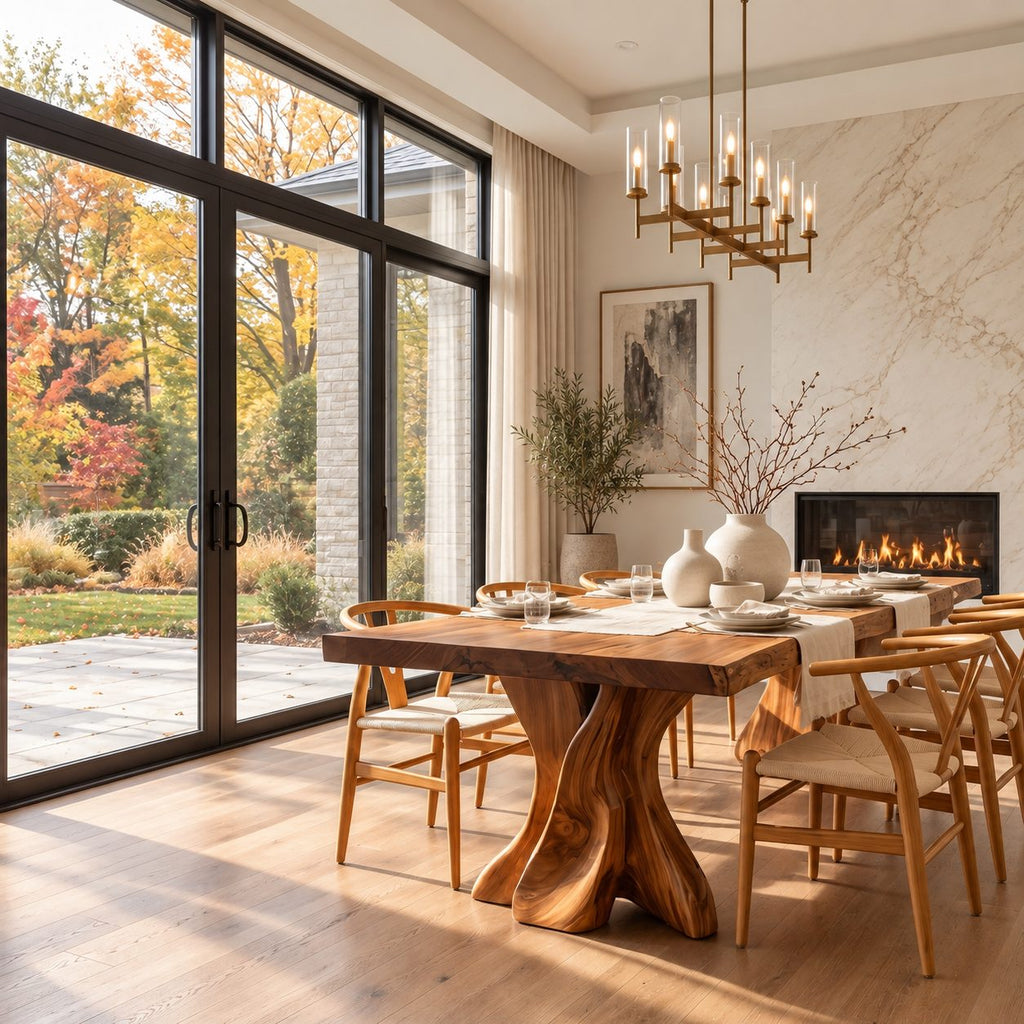 Tree Form Live Edge Dining Table, Solid Wood Slab on Two Twisted Driftwood-Style Carved Legs, 48-120 Inch