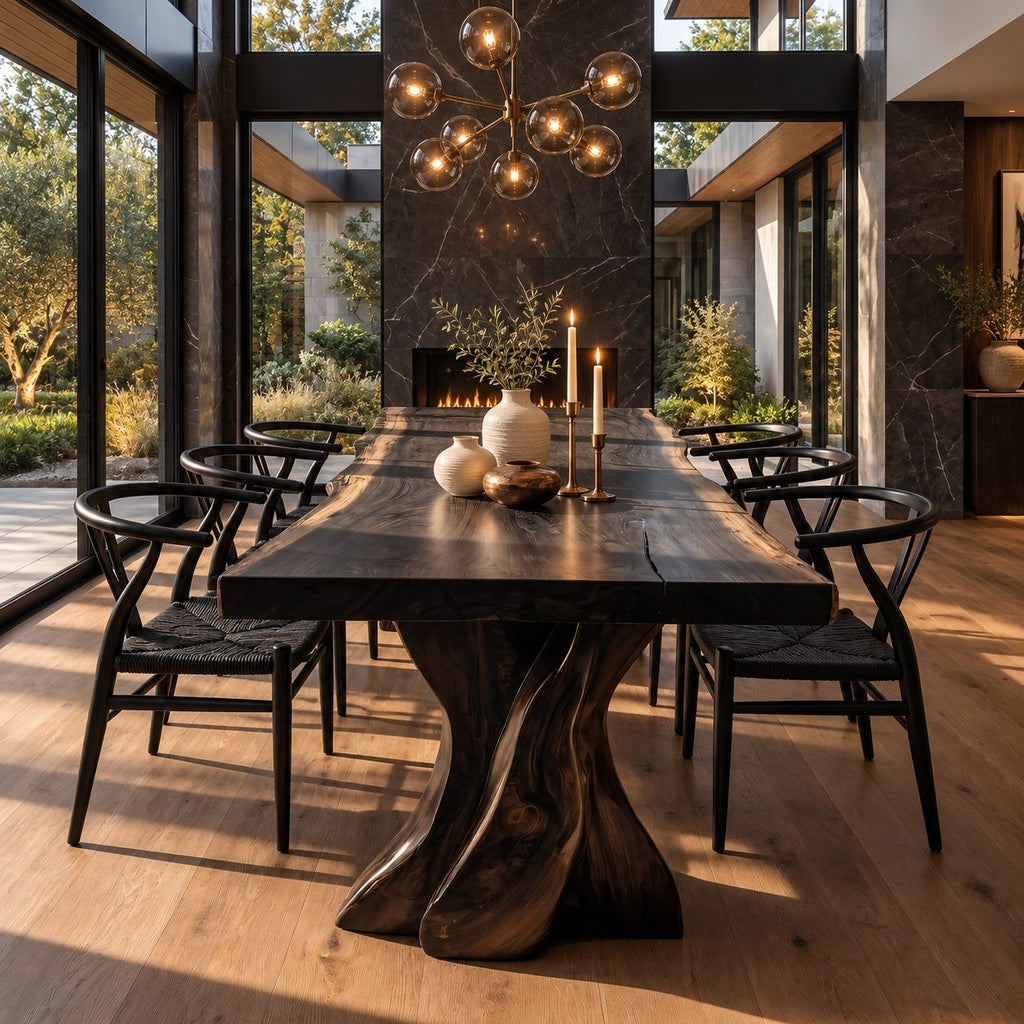 Tree Form Live Edge Dining Table, Solid Wood Slab on Two Twisted Driftwood-Style Carved Legs, 48-120 Inch