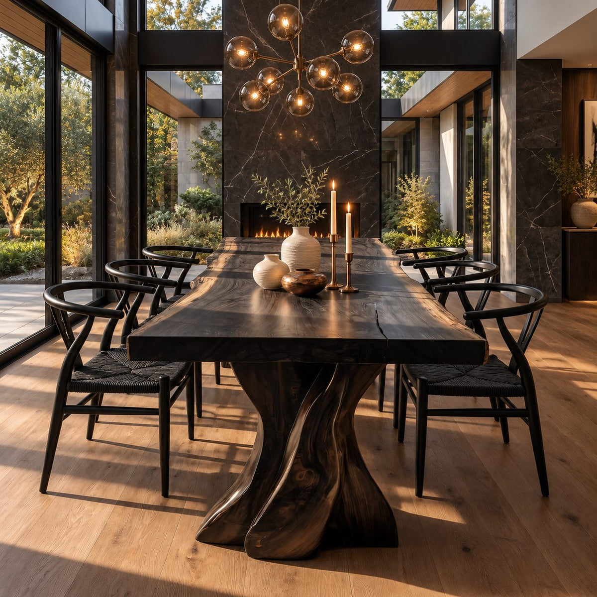 Tree Form Live Edge Dining Table, Solid Wood Slab on Two Twisted Driftwood-Style Carved Legs, 48-120 Inch