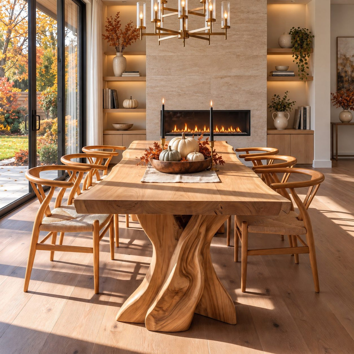 Tree Form Live Edge Dining Table, Solid Wood Slab on Two Twisted Driftwood-Style Carved Legs, 48-120 Inch