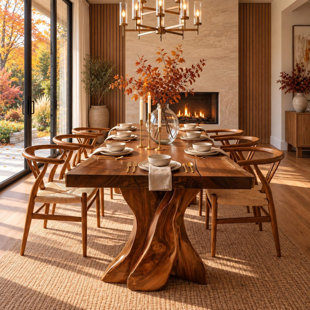 Tree Form Live Edge Dining Table, Solid Wood Slab on Two Twisted Driftwood-Style Carved Legs, 48-120 Inch