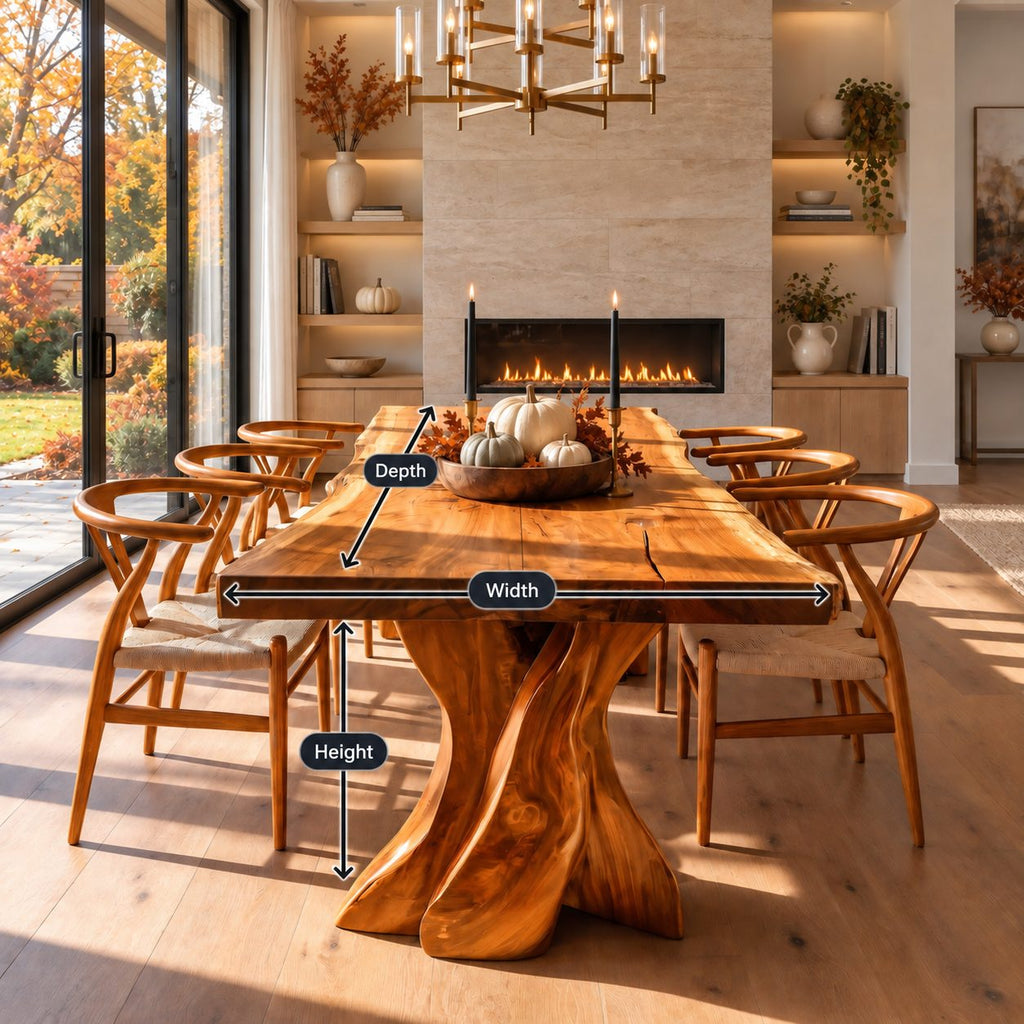 Tree Form Live Edge Dining Table, Solid Wood Slab on Two Twisted Driftwood-Style Carved Legs, 48-120 Inch