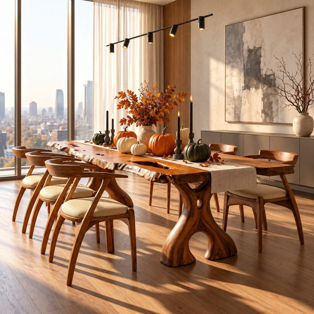 Irregular Edge Dining Table, Live Edge Solid Wood Slab with Natural Voids on Carved Cut-Out Legs, 48-120 Inch