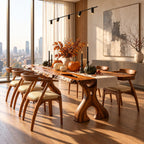 Irregular Edge Dining Table, Live Edge Solid Wood Slab with Natural Voids on Carved Cut-Out Legs, 48-120 Inch