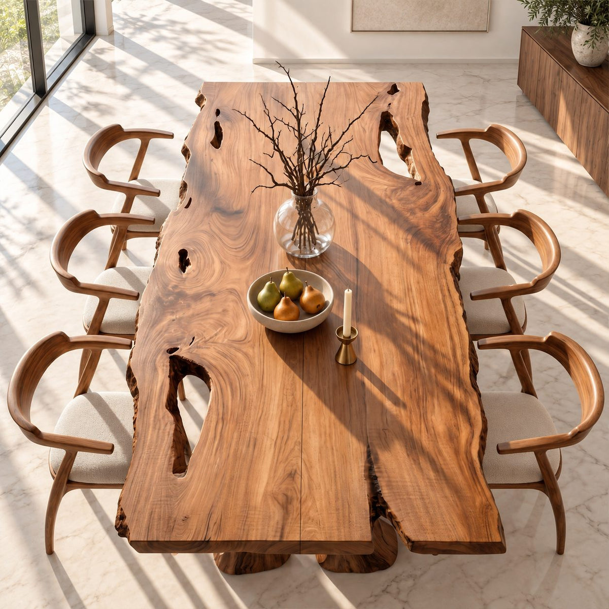 Irregular Edge Dining Table, Live Edge Solid Wood Slab with Natural Voids on Carved Cut-Out Legs, 48-120 Inch