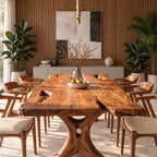 Irregular Edge Dining Table, Live Edge Solid Wood Slab with Natural Voids on Carved Cut-Out Legs, 48-120 Inch