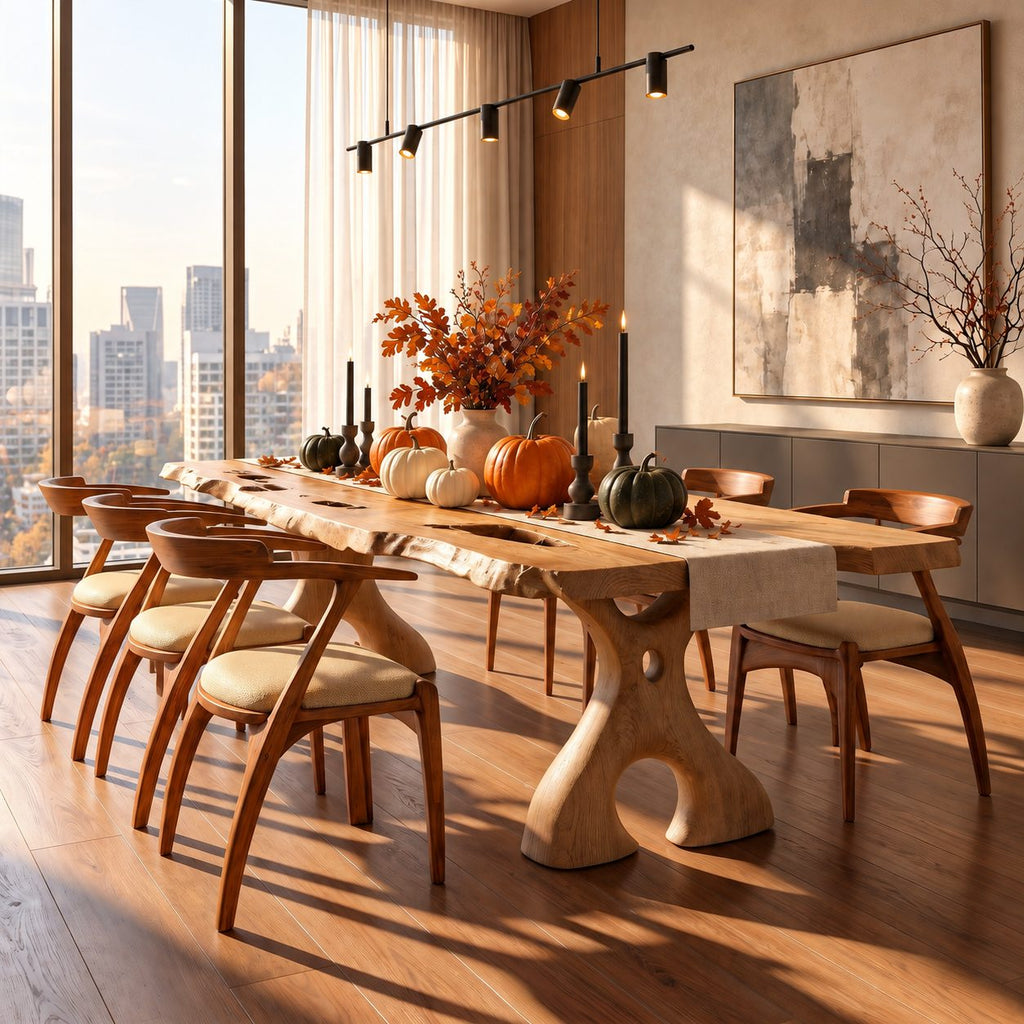 Irregular Edge Dining Table, Live Edge Solid Wood Slab with Natural Voids on Carved Cut-Out Legs, 48-120 Inch