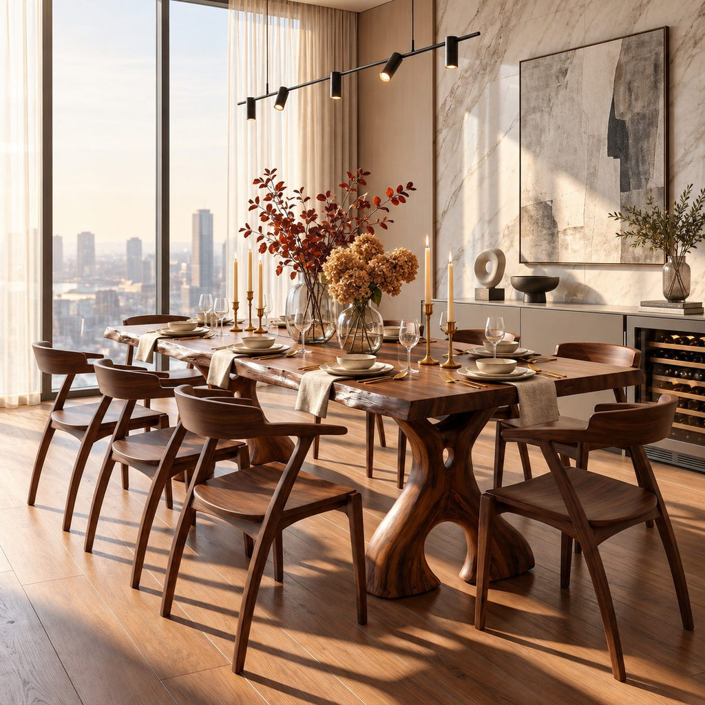 Irregular Edge Dining Table, Live Edge Solid Wood Slab with Natural Voids on Carved Cut-Out Legs, 48-120 Inch