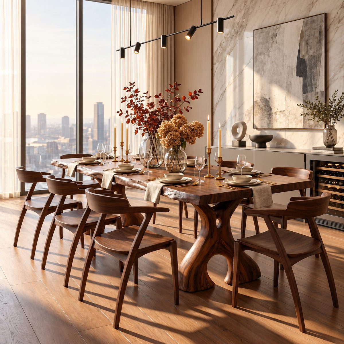 Irregular Edge Dining Table, Live Edge Solid Wood Slab with Natural Voids on Carved Cut-Out Legs, 48-120 Inch