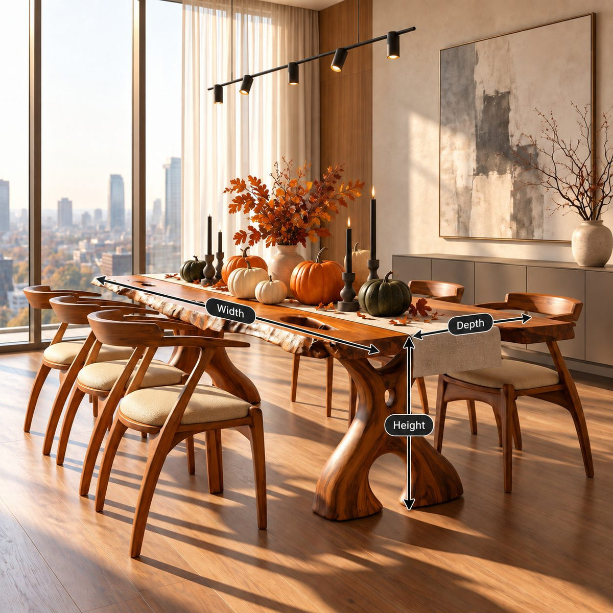 Irregular Edge Dining Table, Live Edge Solid Wood Slab with Natural Voids on Carved Cut-Out Legs, 48-120 Inch