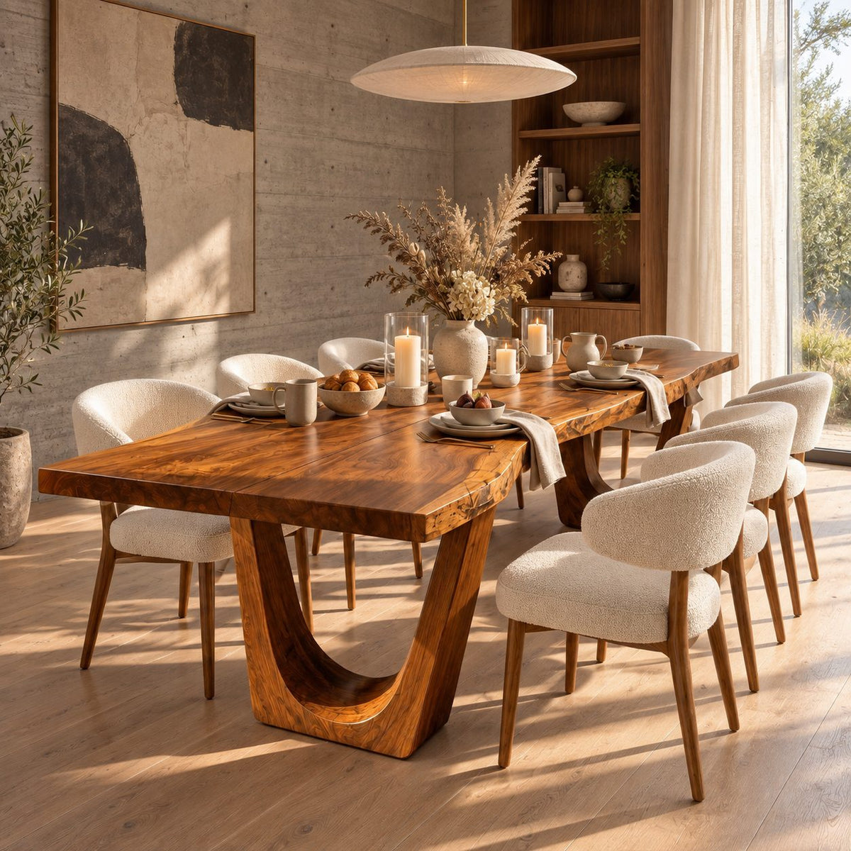 U Leg Live Edge Dining Table, Minimal Solid Wood Slab on Two Angled U-Shaped Legs, 48 to 120 Inch