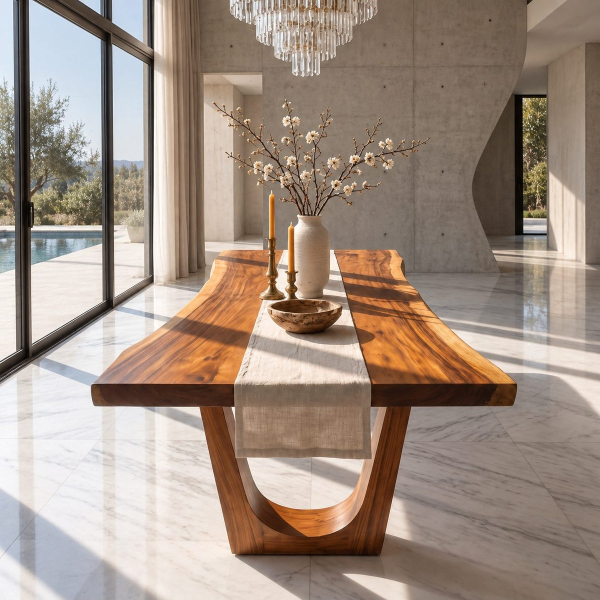 U Leg Live Edge Dining Table, Minimal Solid Wood Slab on Two Angled U-Shaped Legs, 48 to 120 Inch