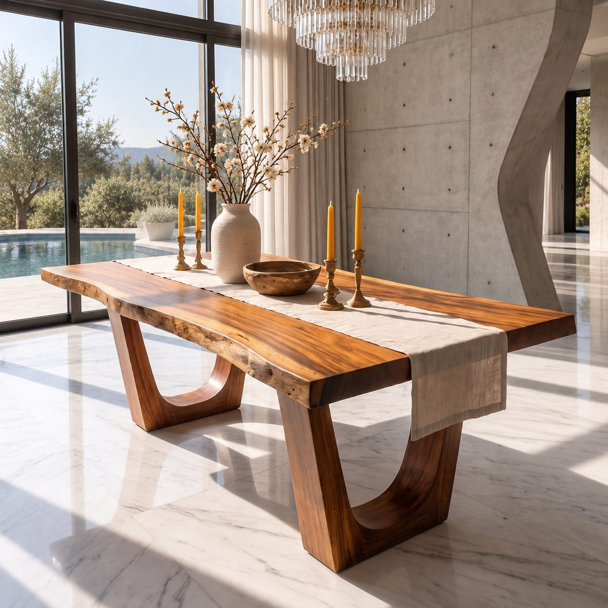 U Leg Live Edge Dining Table, Minimal Solid Wood Slab on Two Angled U-Shaped Legs, 48 to 120 Inch