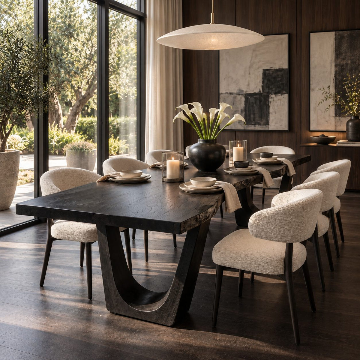 U Leg Live Edge Dining Table, Minimal Solid Wood Slab on Two Angled U-Shaped Legs, 48 to 120 Inch
