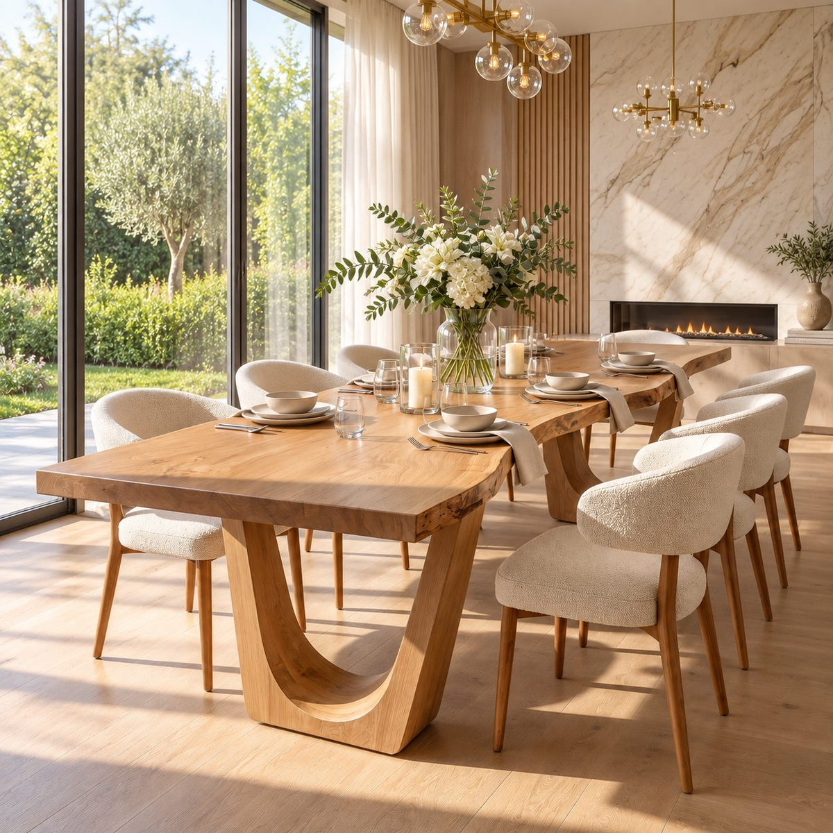 U Leg Live Edge Dining Table, Minimal Solid Wood Slab on Two Angled U-Shaped Legs, 48 to 120 Inch