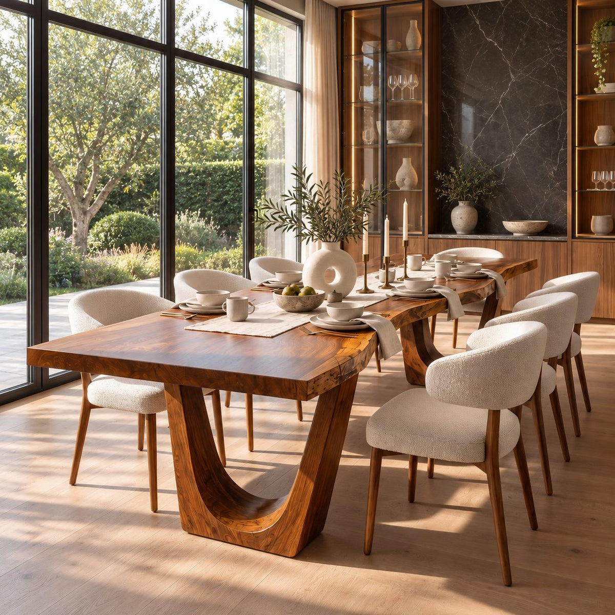 U Leg Live Edge Dining Table, Minimal Solid Wood Slab on Two Angled U-Shaped Legs, 48 to 120 Inch