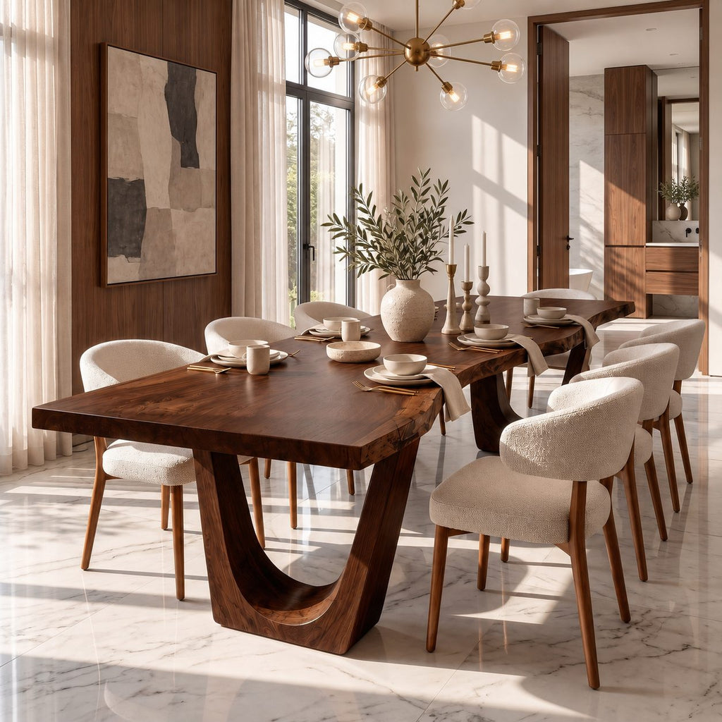 U Leg Live Edge Dining Table, Minimal Solid Wood Slab on Two Angled U-Shaped Legs, 48 to 120 Inch