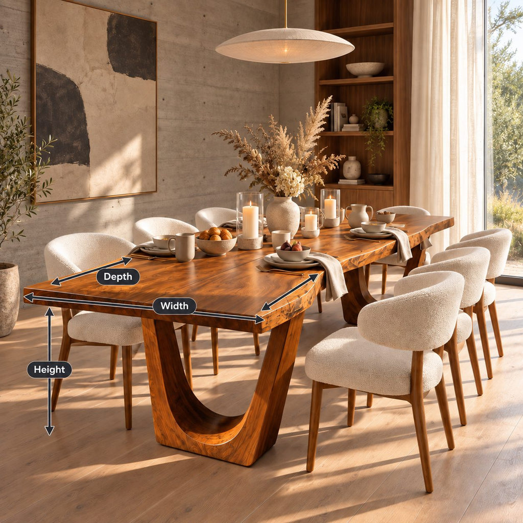 U Leg Live Edge Dining Table, Minimal Solid Wood Slab on Two Angled U-Shaped Legs, 48 to 120 Inch