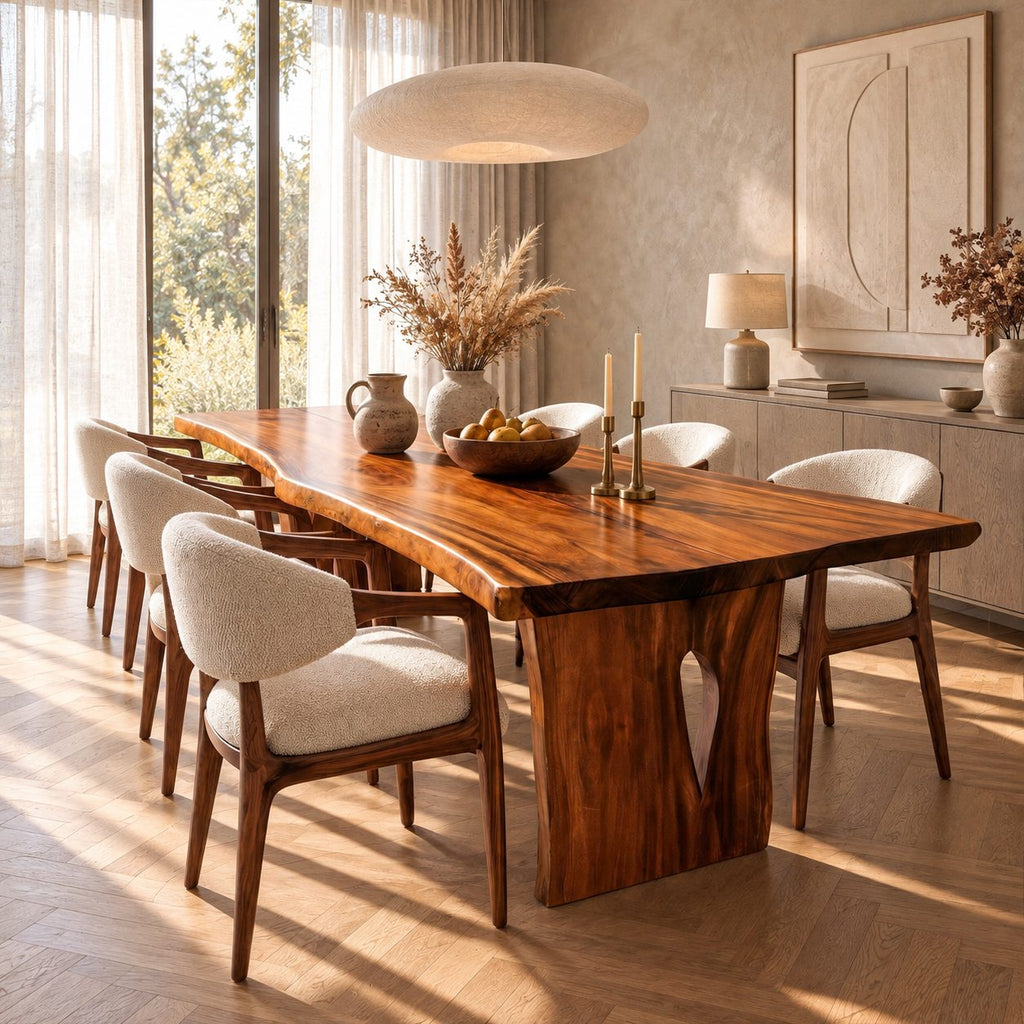 Teardrop Cut-Out Live Edge Dining Table, Freeform Solid Wood Slab on Two Panel Legs, 48 to 120 Inch
