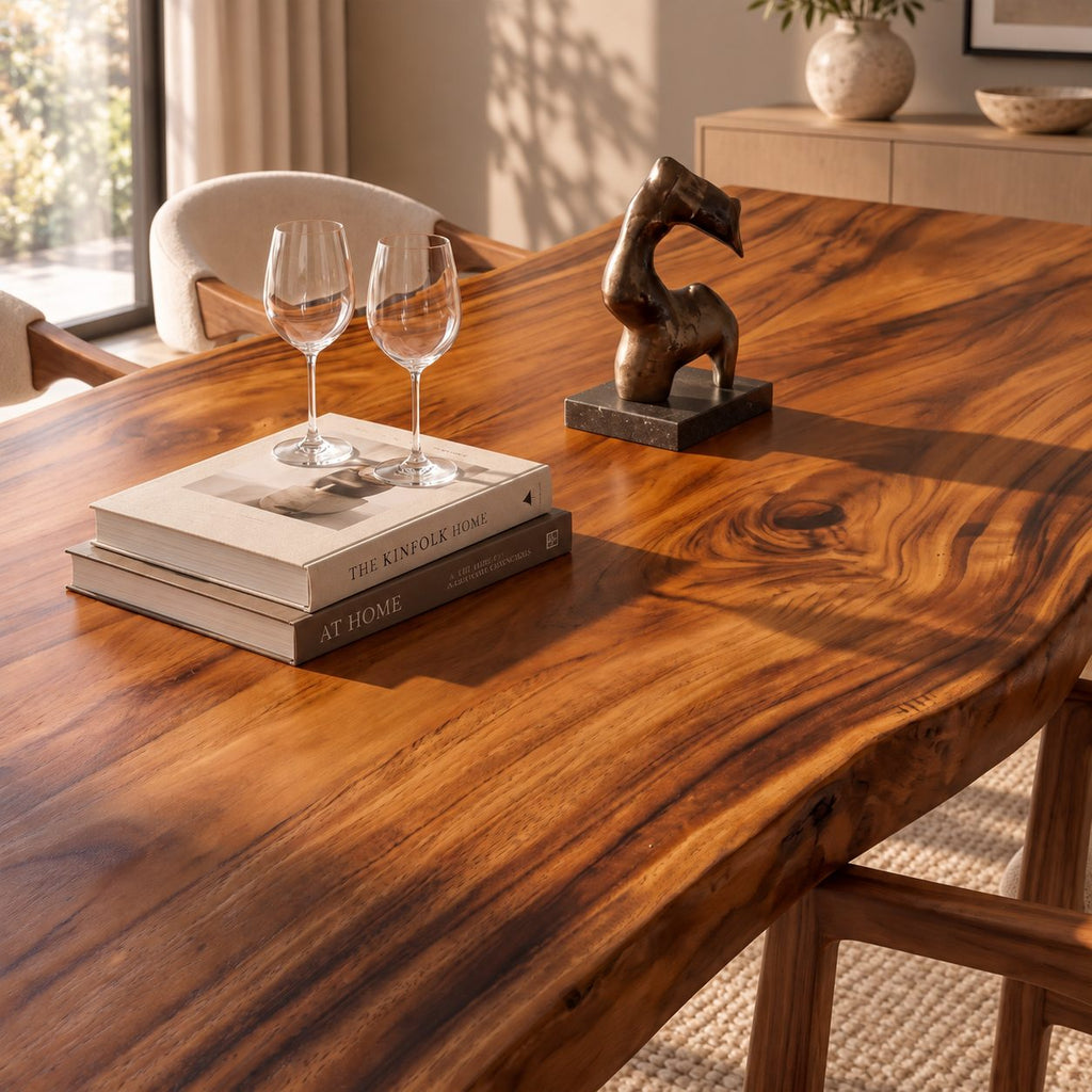 Teardrop Cut-Out Live Edge Dining Table, Freeform Solid Wood Slab on Two Panel Legs, 48 to 120 Inch