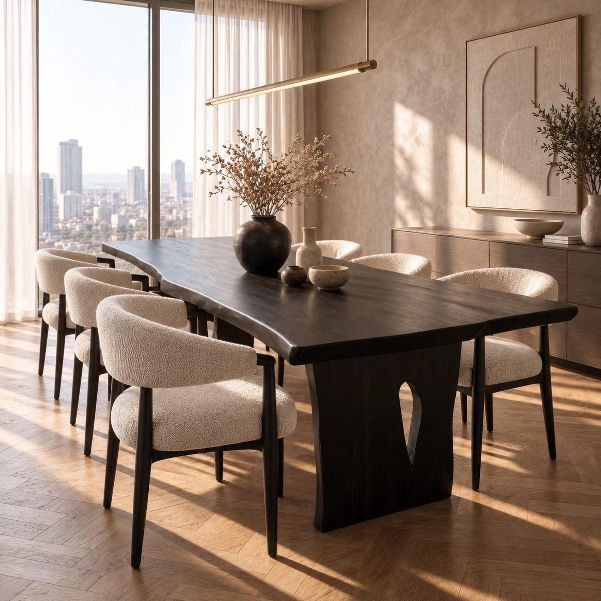 Teardrop Cut-Out Live Edge Dining Table, Freeform Solid Wood Slab on Two Panel Legs, 48 to 120 Inch