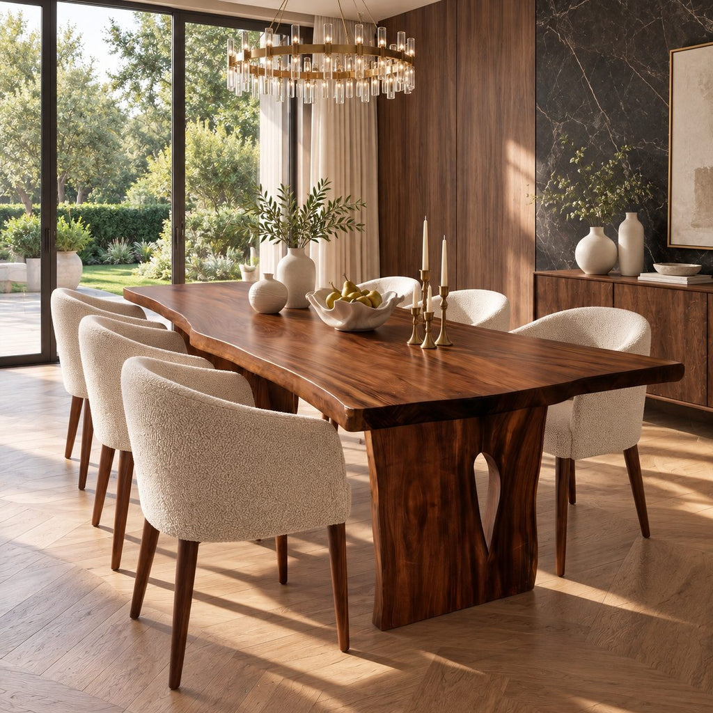 Teardrop Cut-Out Live Edge Dining Table, Freeform Solid Wood Slab on Two Panel Legs, 48 to 120 Inch