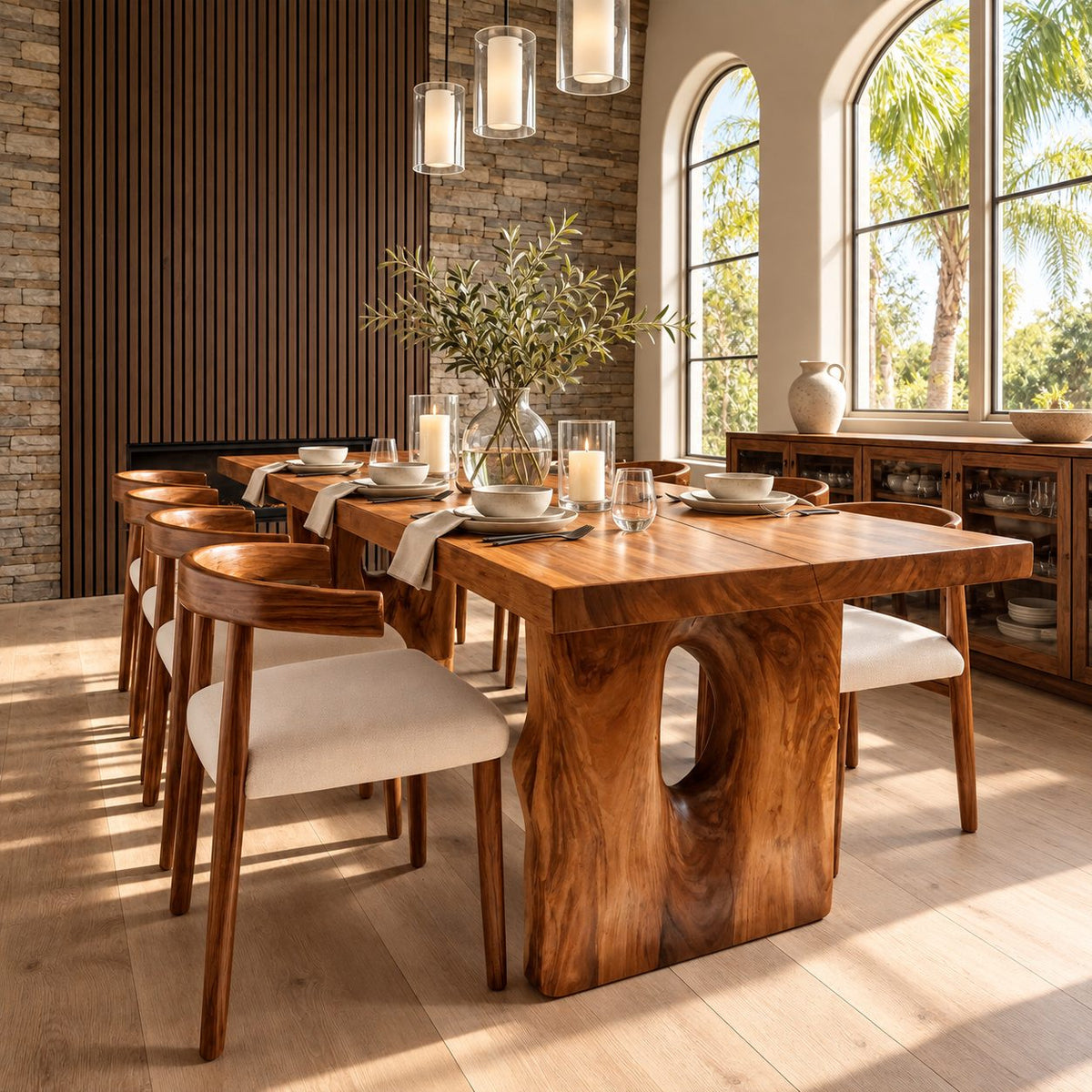 Block Leg Slab Dining Table, Thick Solid Wood Top on Two Heavy Legs with Oval Hollows, 48 to 120 Inch