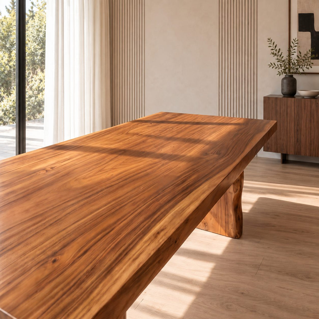 Block Leg Slab Dining Table, Thick Solid Wood Top on Two Heavy Legs with Oval Hollows, 48 to 120 Inch