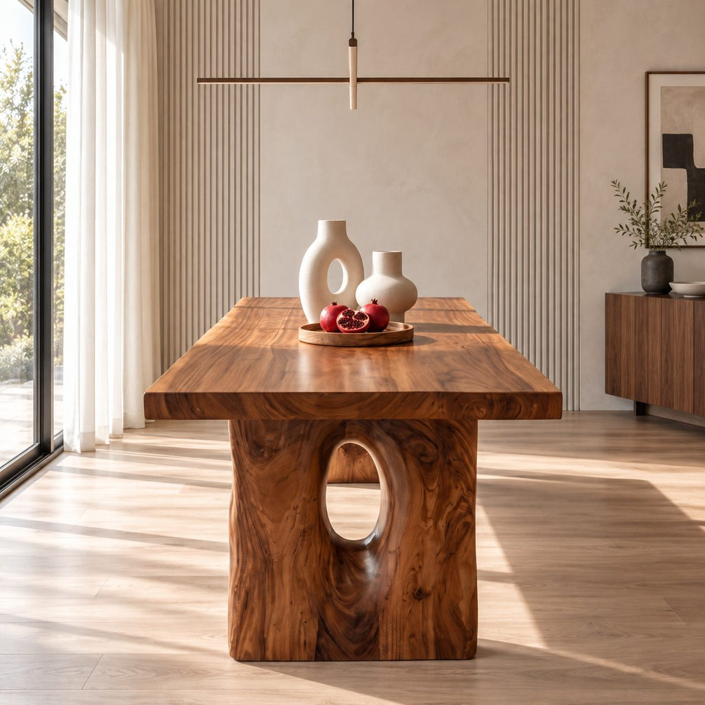 Block Leg Slab Dining Table, Thick Solid Wood Top on Two Heavy Legs with Oval Hollows, 48 to 120 Inch
