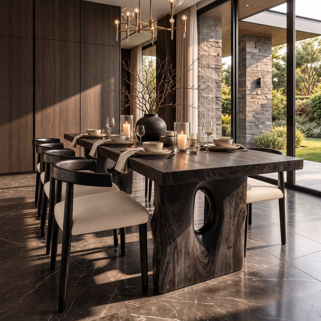 Block Leg Slab Dining Table, Thick Solid Wood Top on Two Heavy Legs with Oval Hollows, 48 to 120 Inch