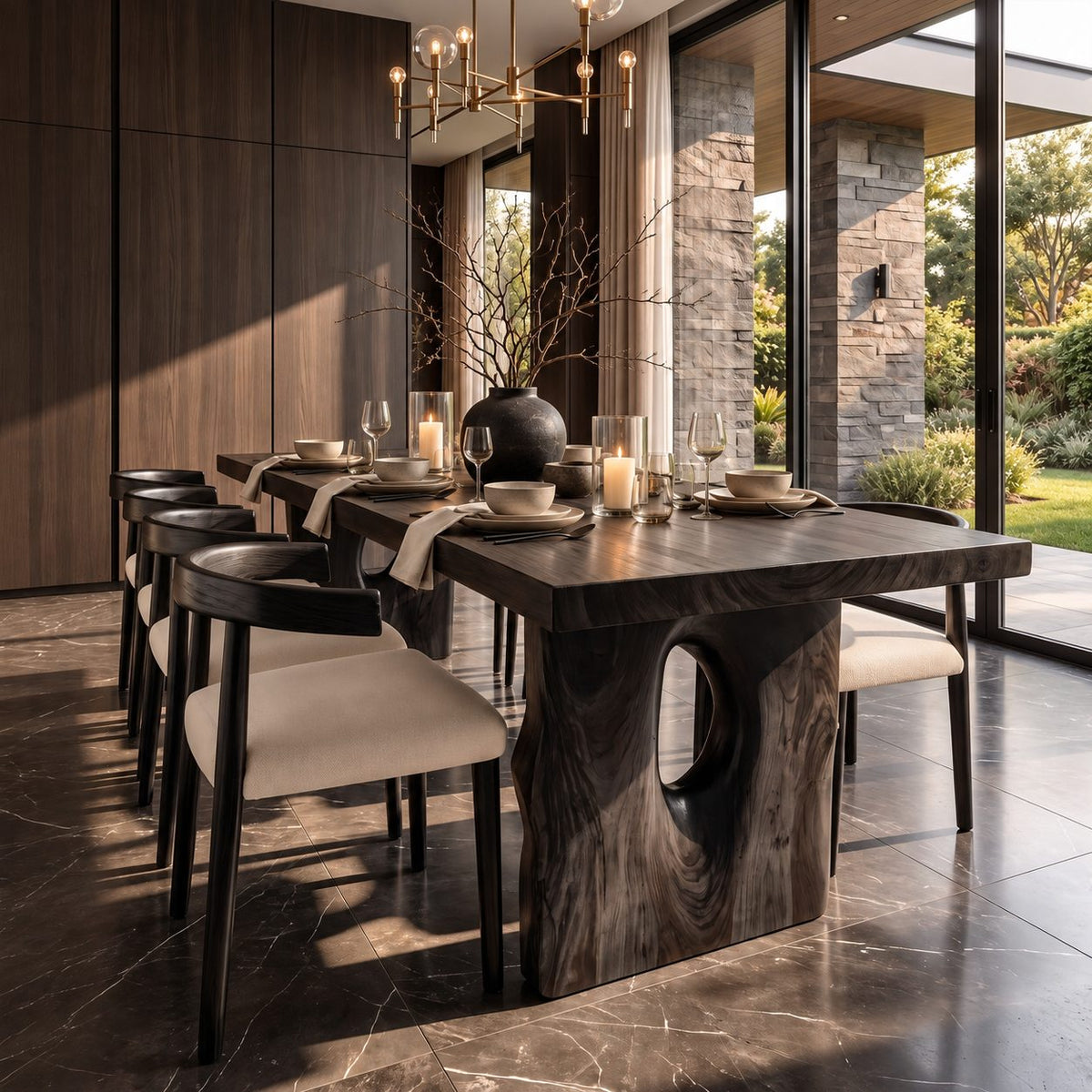 Block Leg Slab Dining Table, Thick Solid Wood Top on Two Heavy Legs with Oval Hollows, 48 to 120 Inch