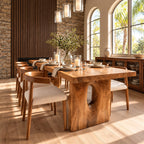 Block Leg Slab Dining Table, Thick Solid Wood Top on Two Heavy Legs with Oval Hollows, 48 to 120 Inch