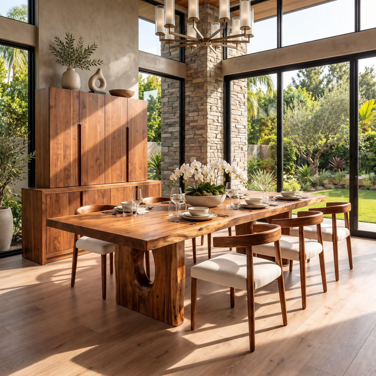 Block Leg Slab Dining Table, Thick Solid Wood Top on Two Heavy Legs with Oval Hollows, 48 to 120 Inch