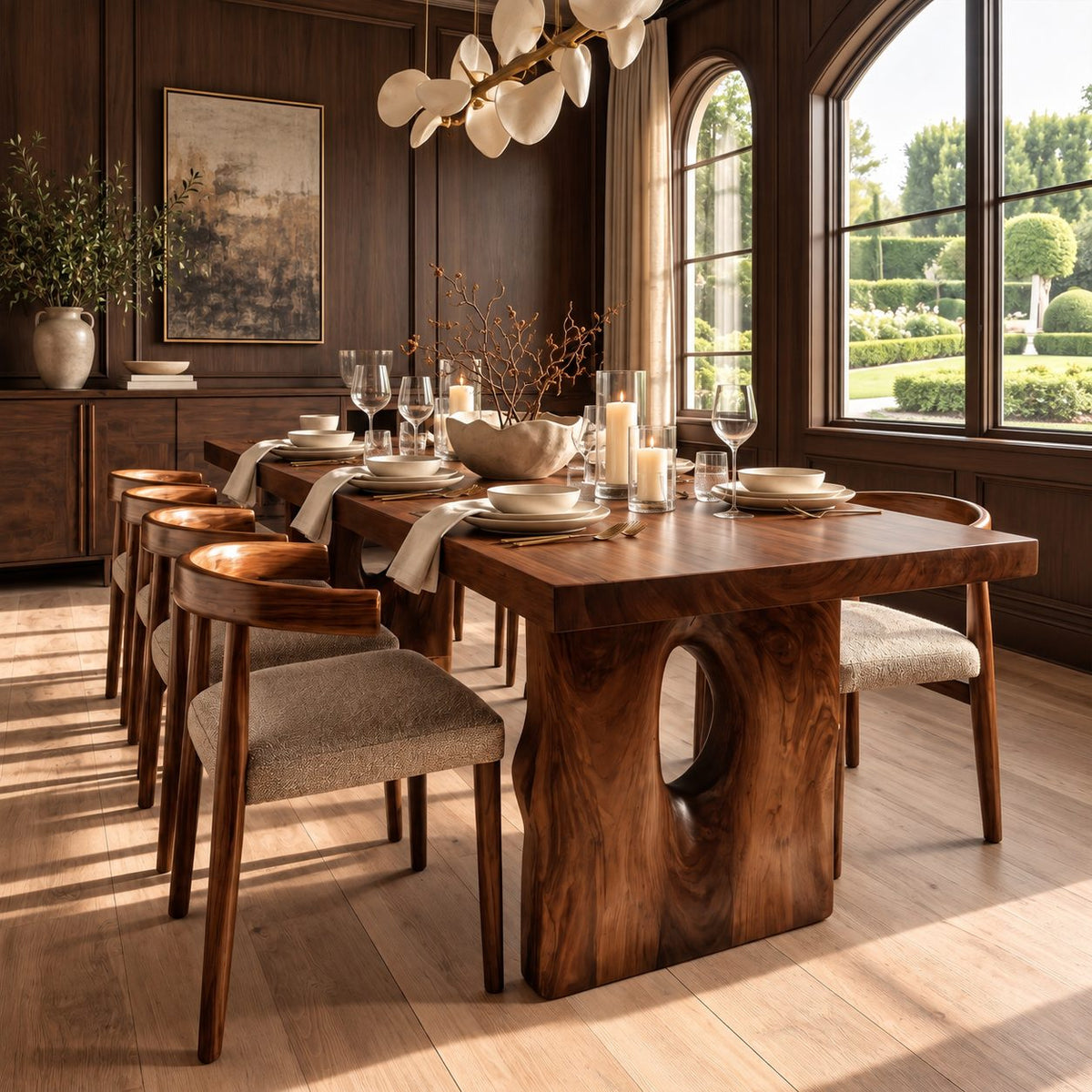 Block Leg Slab Dining Table, Thick Solid Wood Top on Two Heavy Legs with Oval Hollows, 48 to 120 Inch