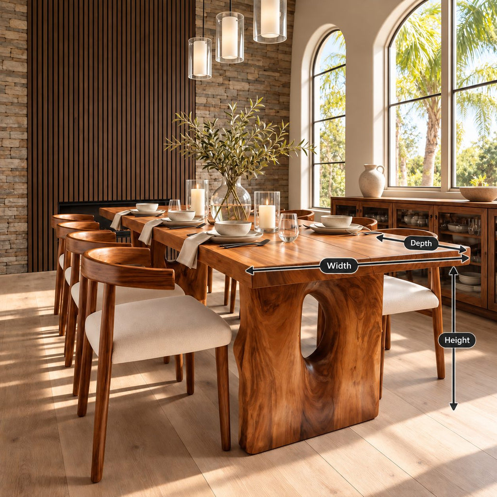 Block Leg Slab Dining Table, Thick Solid Wood Top on Two Heavy Legs with Oval Hollows, 48 to 120 Inch