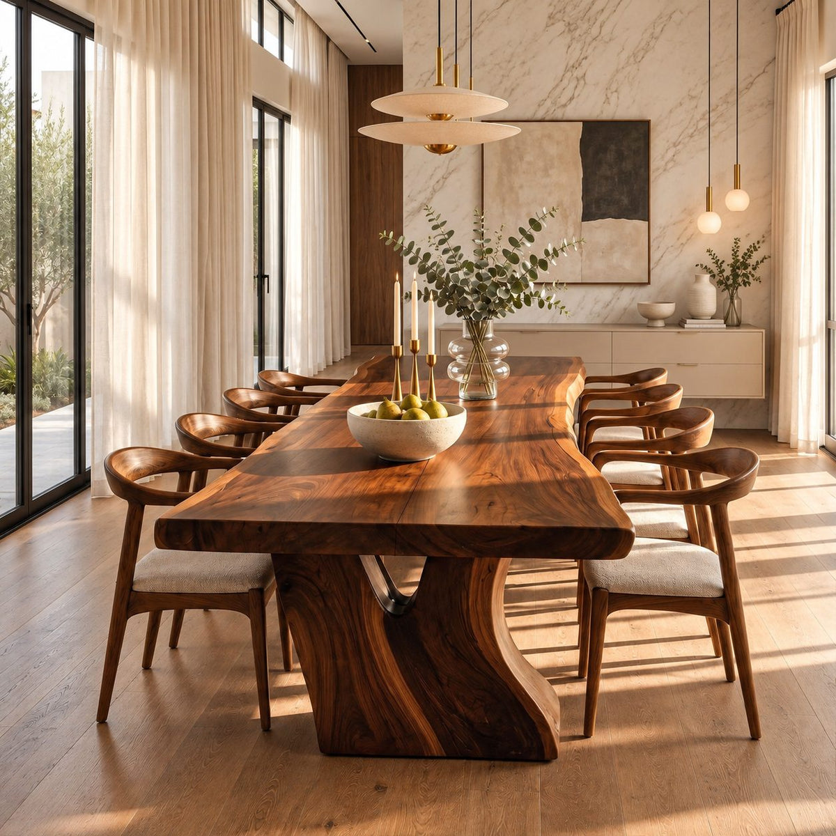 Flared Root Leg Dining Table, Live Edge Solid Wood Slab on Two Sculpted Trunk-Form Legs, 48 to 120 Inch