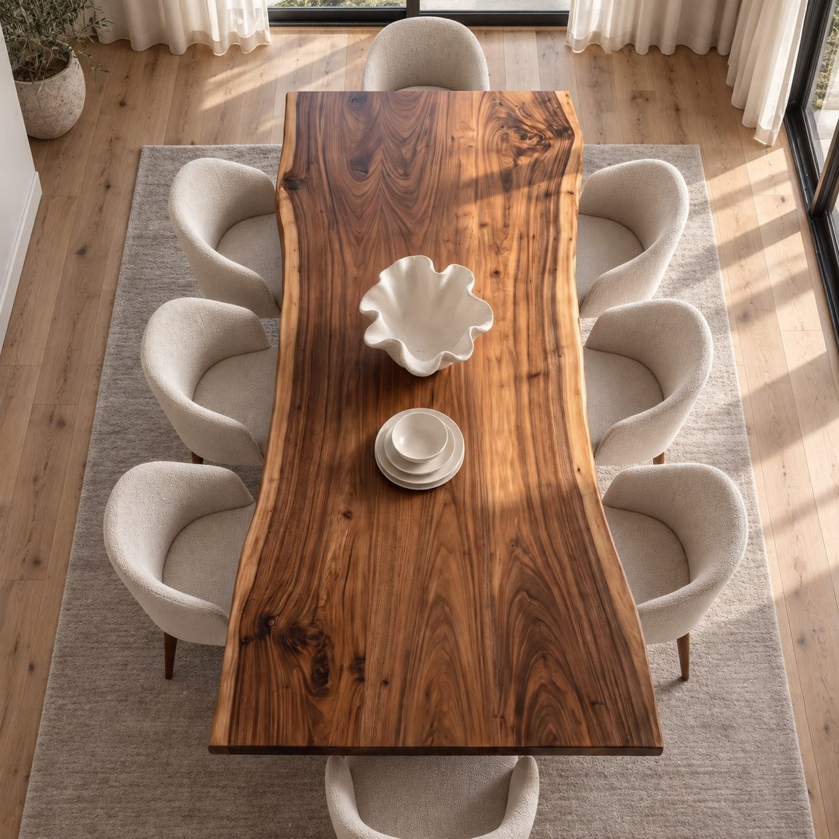 Flared Root Leg Dining Table, Live Edge Solid Wood Slab on Two Sculpted Trunk-Form Legs, 48 to 120 Inch