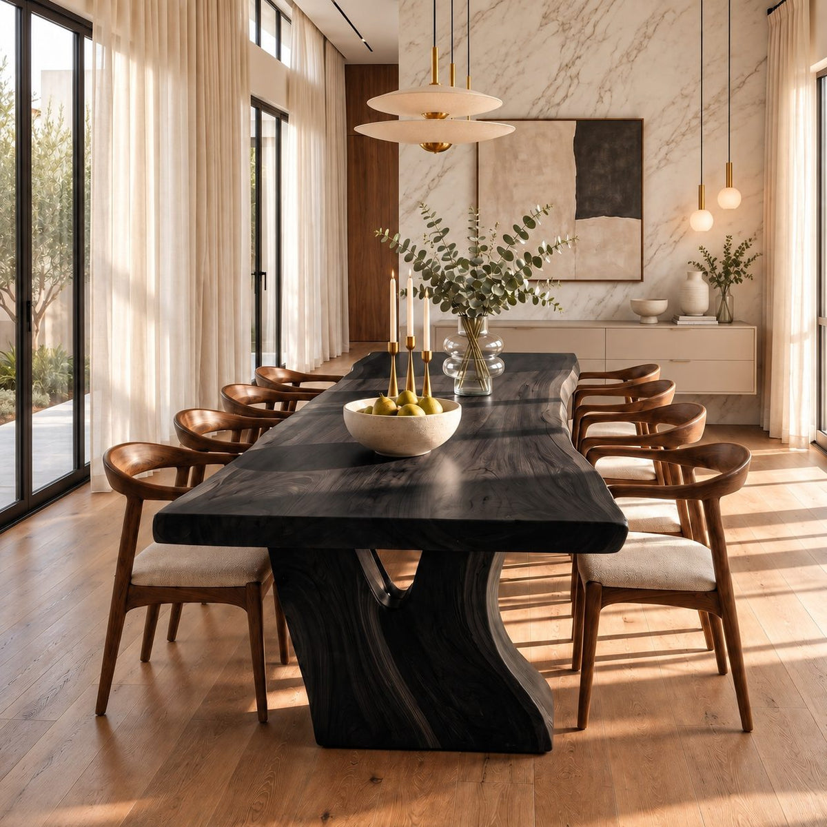 Flared Root Leg Dining Table, Live Edge Solid Wood Slab on Two Sculpted Trunk-Form Legs, 48 to 120 Inch