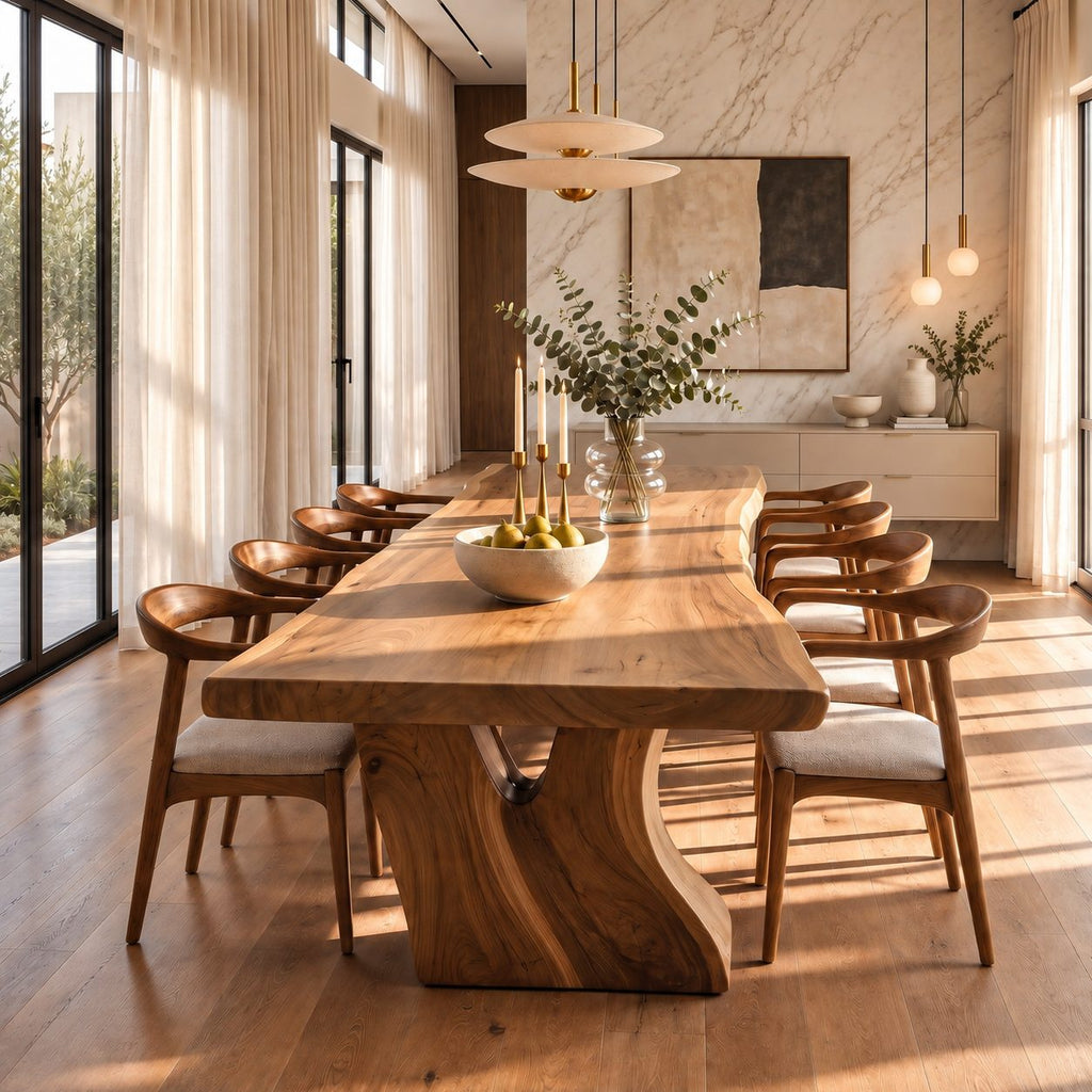 Flared Root Leg Dining Table, Live Edge Solid Wood Slab on Two Sculpted Trunk-Form Legs, 48 to 120 Inch