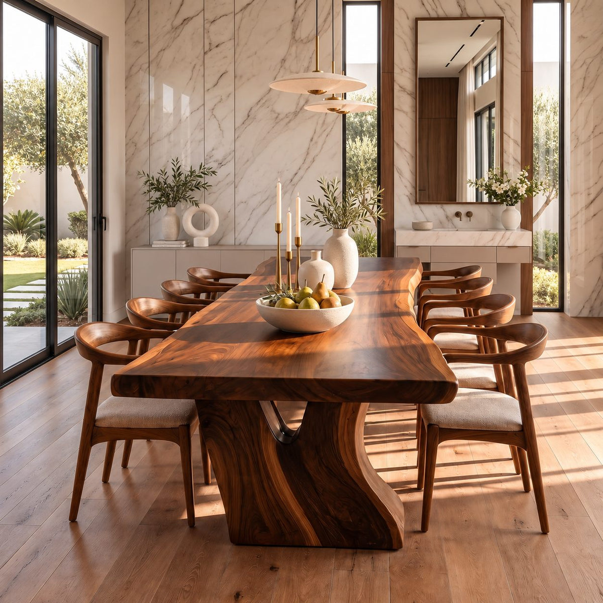 Flared Root Leg Dining Table, Live Edge Solid Wood Slab on Two Sculpted Trunk-Form Legs, 48 to 120 Inch