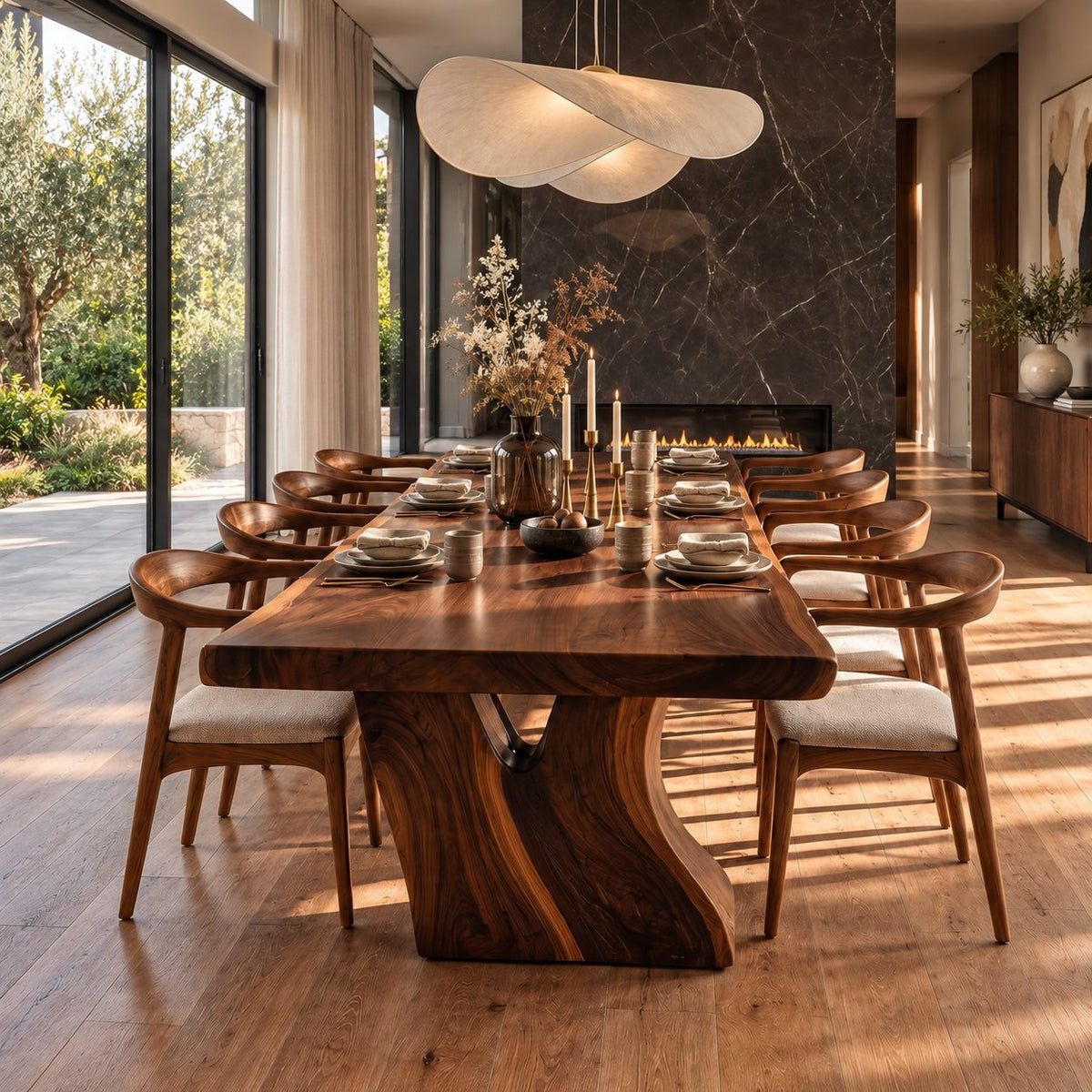 Flared Root Leg Dining Table, Live Edge Solid Wood Slab on Two Sculpted Trunk-Form Legs, 48 to 120 Inch