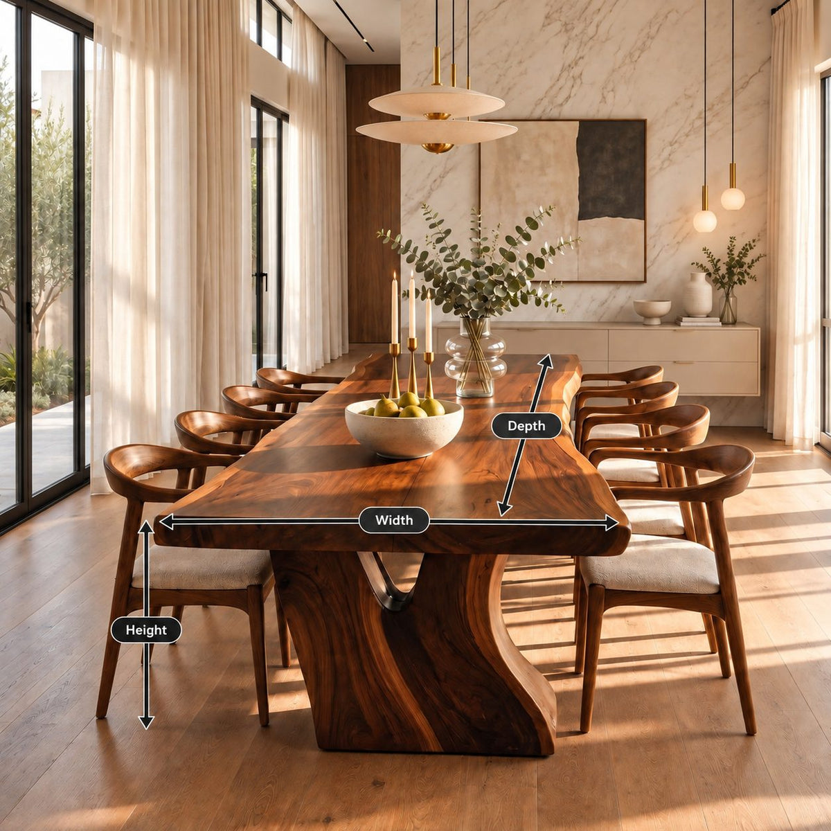Flared Root Leg Dining Table, Live Edge Solid Wood Slab on Two Sculpted Trunk-Form Legs, 48 to 120 Inch