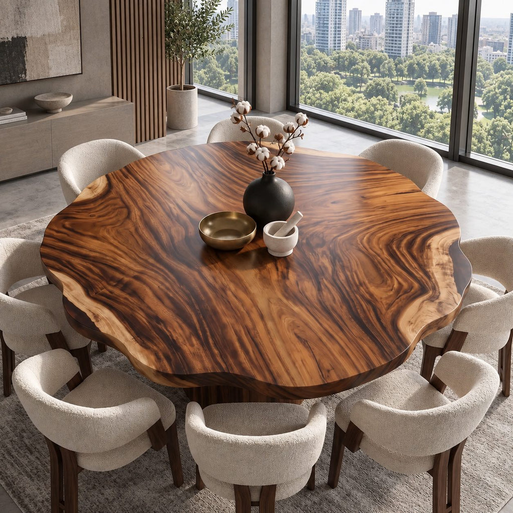 Wavy Rim Round Table Top, Live Edge Solid Wood Dining Tabletop with Bold Flame Grain, 32 to 59 Inch