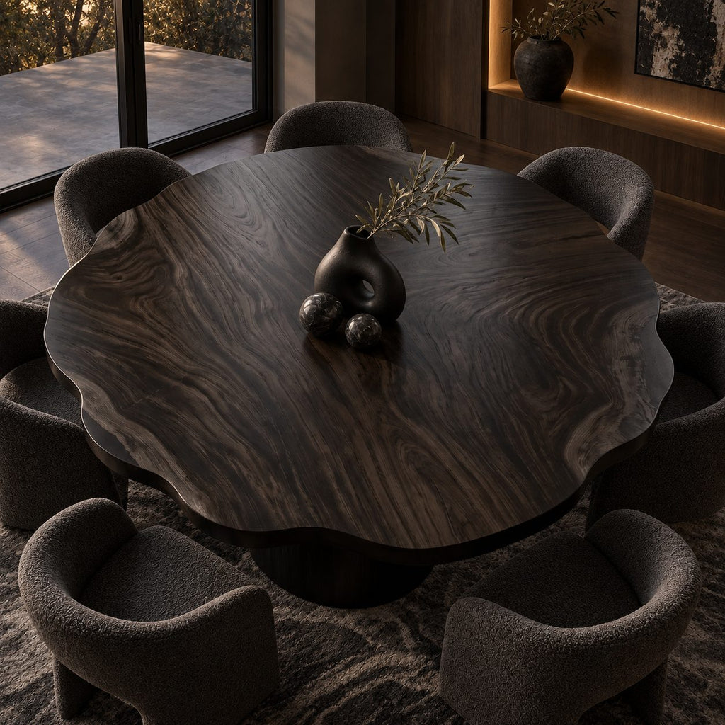Wavy Rim Round Table Top, Live Edge Solid Wood Dining Tabletop with Bold Flame Grain, 32 to 59 Inch