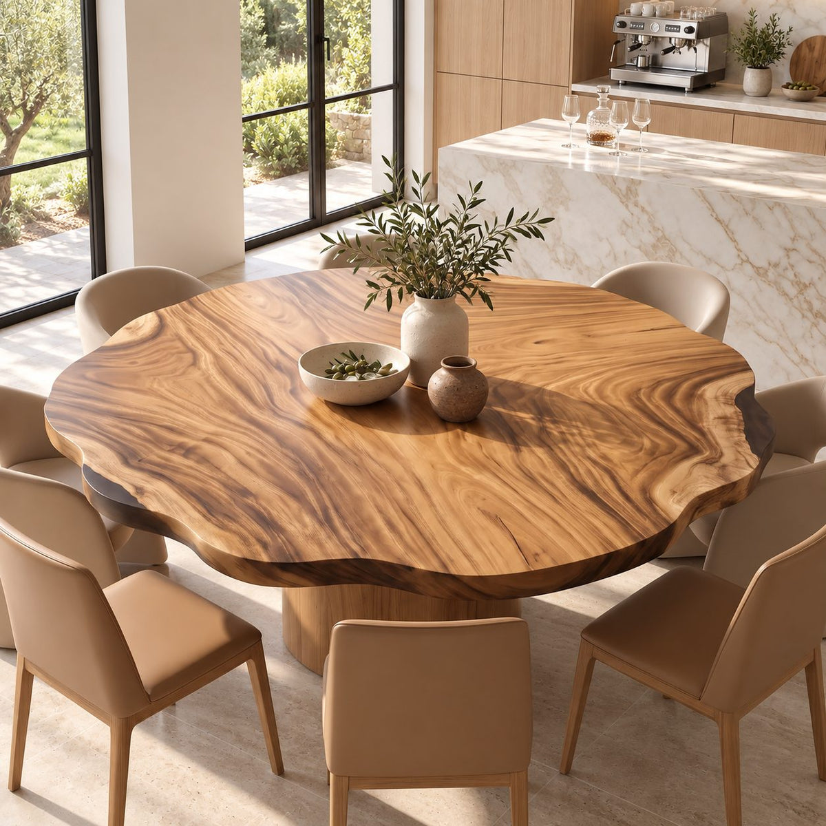 Wavy Rim Round Table Top, Live Edge Solid Wood Dining Tabletop with Bold Flame Grain, 32 to 59 Inch