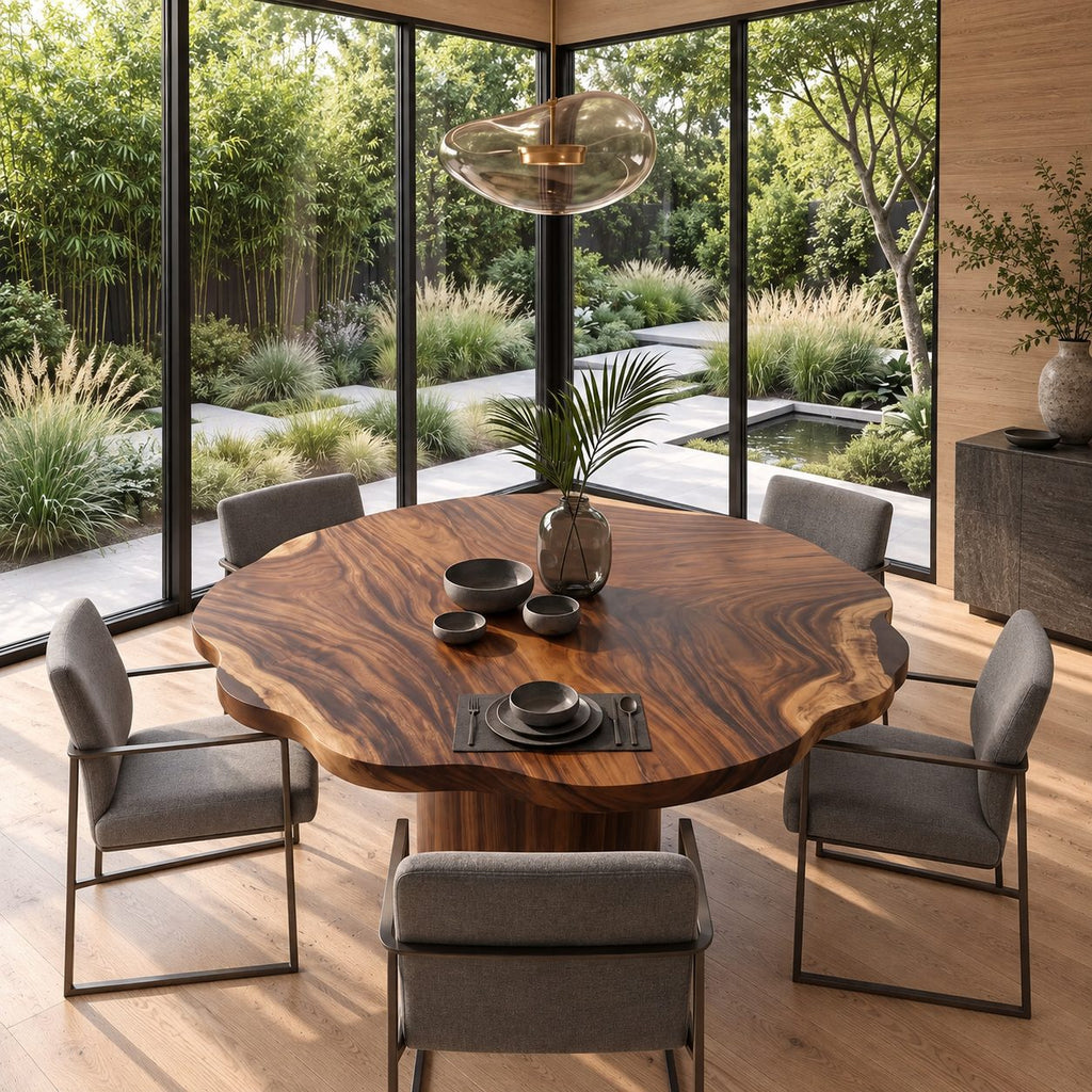 Wavy Rim Round Table Top, Live Edge Solid Wood Dining Tabletop with Bold Flame Grain, 32 to 59 Inch