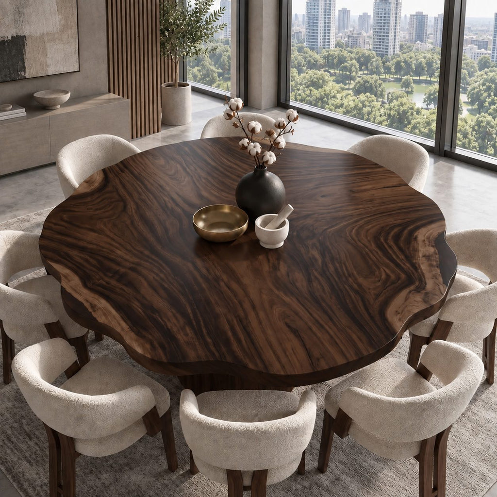 Wavy Rim Round Table Top, Live Edge Solid Wood Dining Tabletop with Bold Flame Grain, 32 to 59 Inch