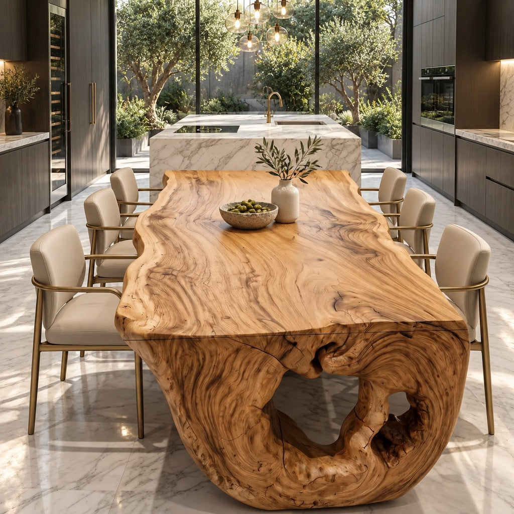 Burl Figured Dining Table Top, Sculptural Solid Wood Tabletop with Irregular Natural Edge, 63 to 98 Inch