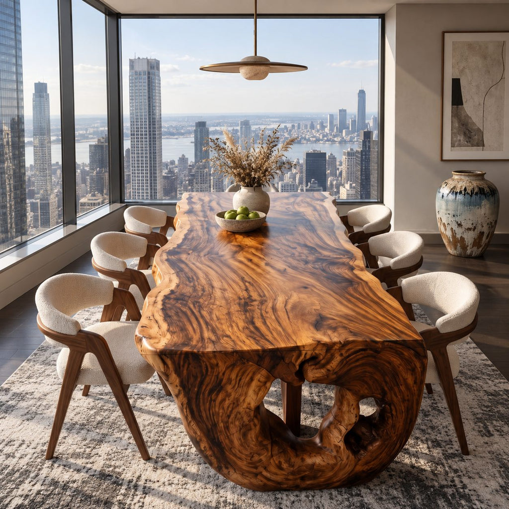 Burl Figured Dining Table Top, Sculptural Solid Wood Tabletop with Irregular Natural Edge, 63 to 98 Inch
