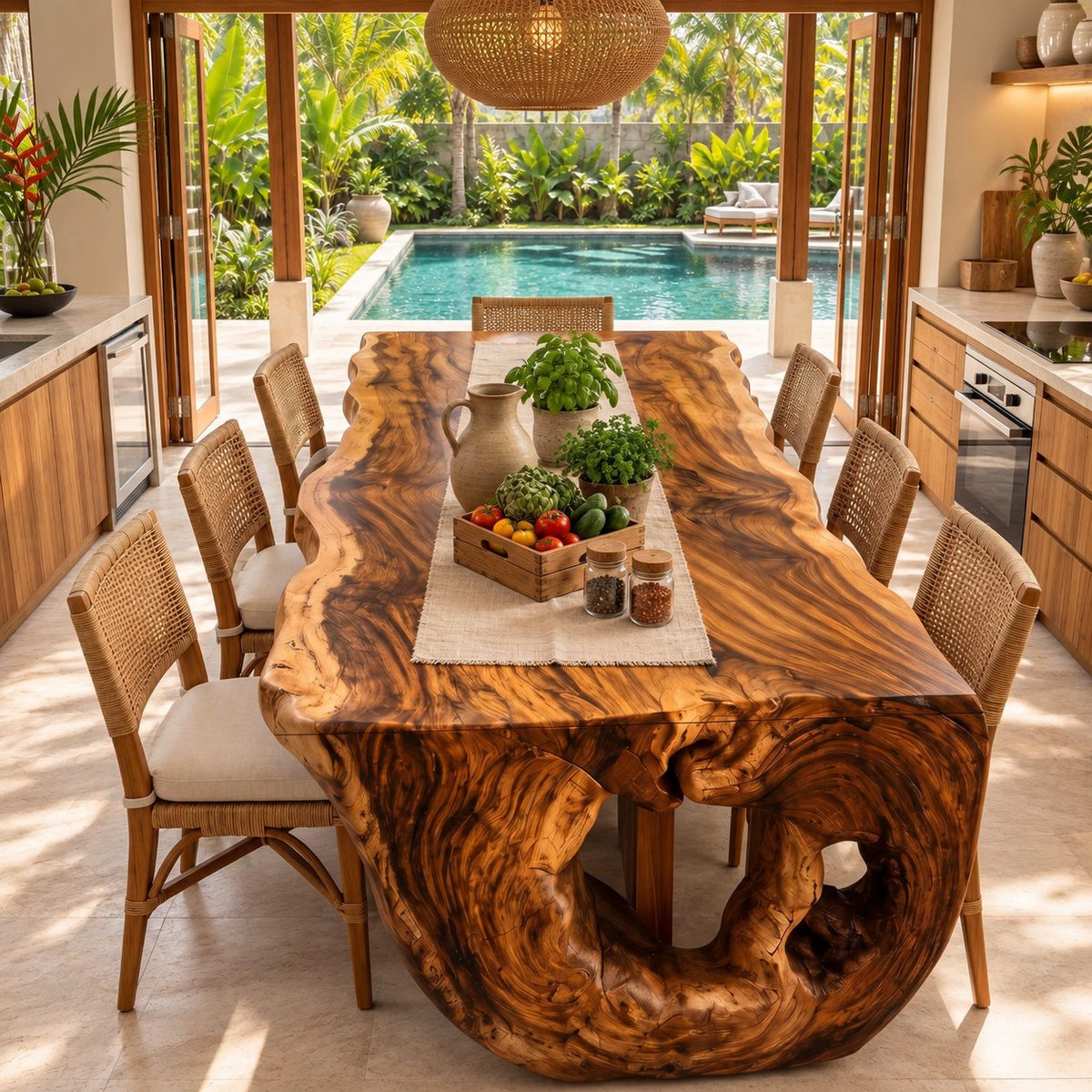 Burl Figured Dining Table Top, Sculptural Solid Wood Tabletop with Irregular Natural Edge, 63 to 98 Inch